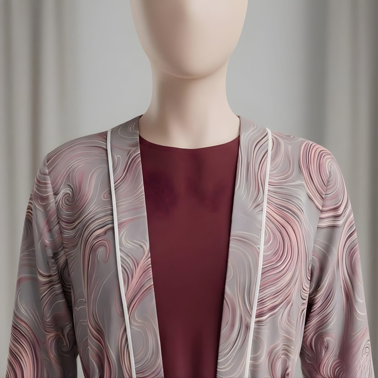Mauve & Grey Abstract Swirl Print 3-Piece Abaya Set (Korean Georgette) - Image 4