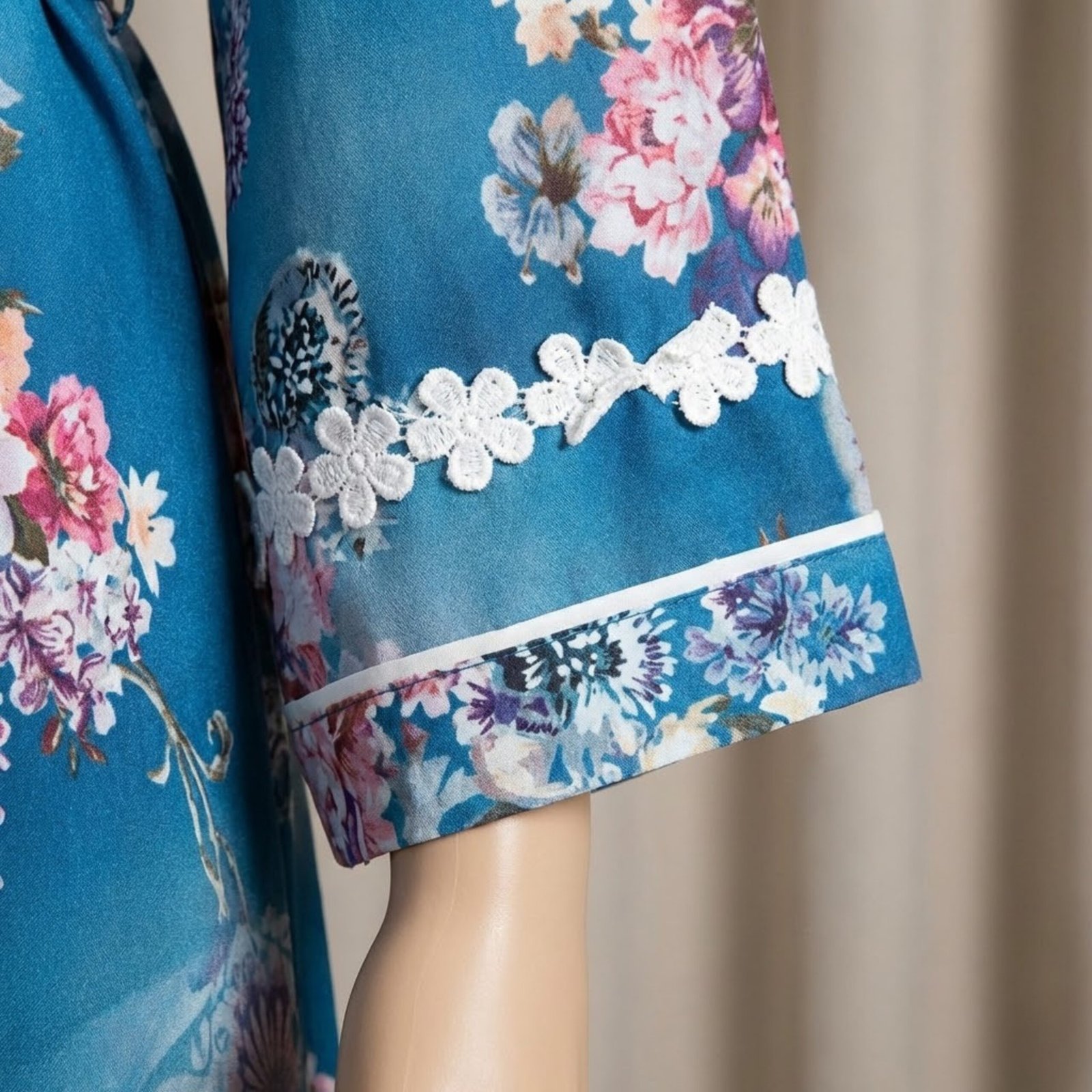 Teal Blue & Pink Floral Print 3-Piece Abaya Set (Korean Georgette) - Image 5