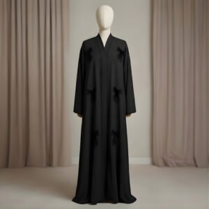Premium Midnight Black Embroidered Abaya – Hand-Beaded Bow Motif Edition
