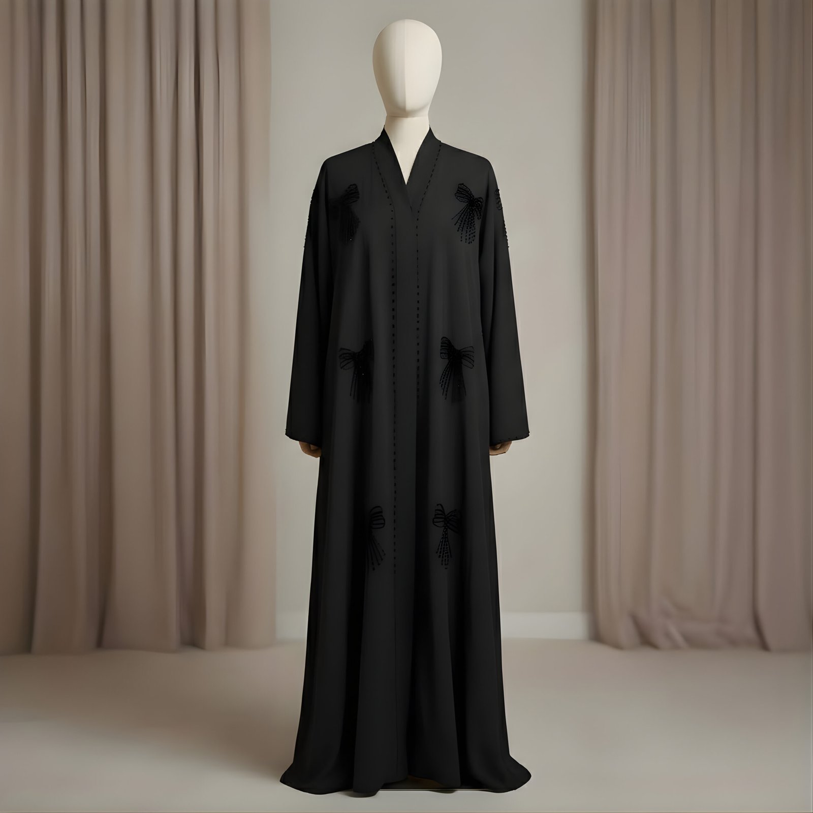 Premium Midnight Black Embroidered Abaya – Hand-Beaded Bow Motif Edition