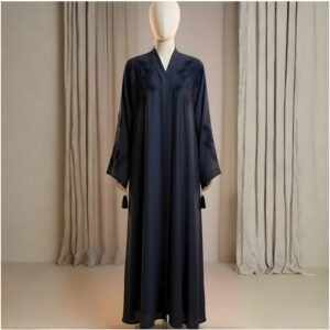 Midnight Azure Leaf-Embroidered Chiffon Abaya