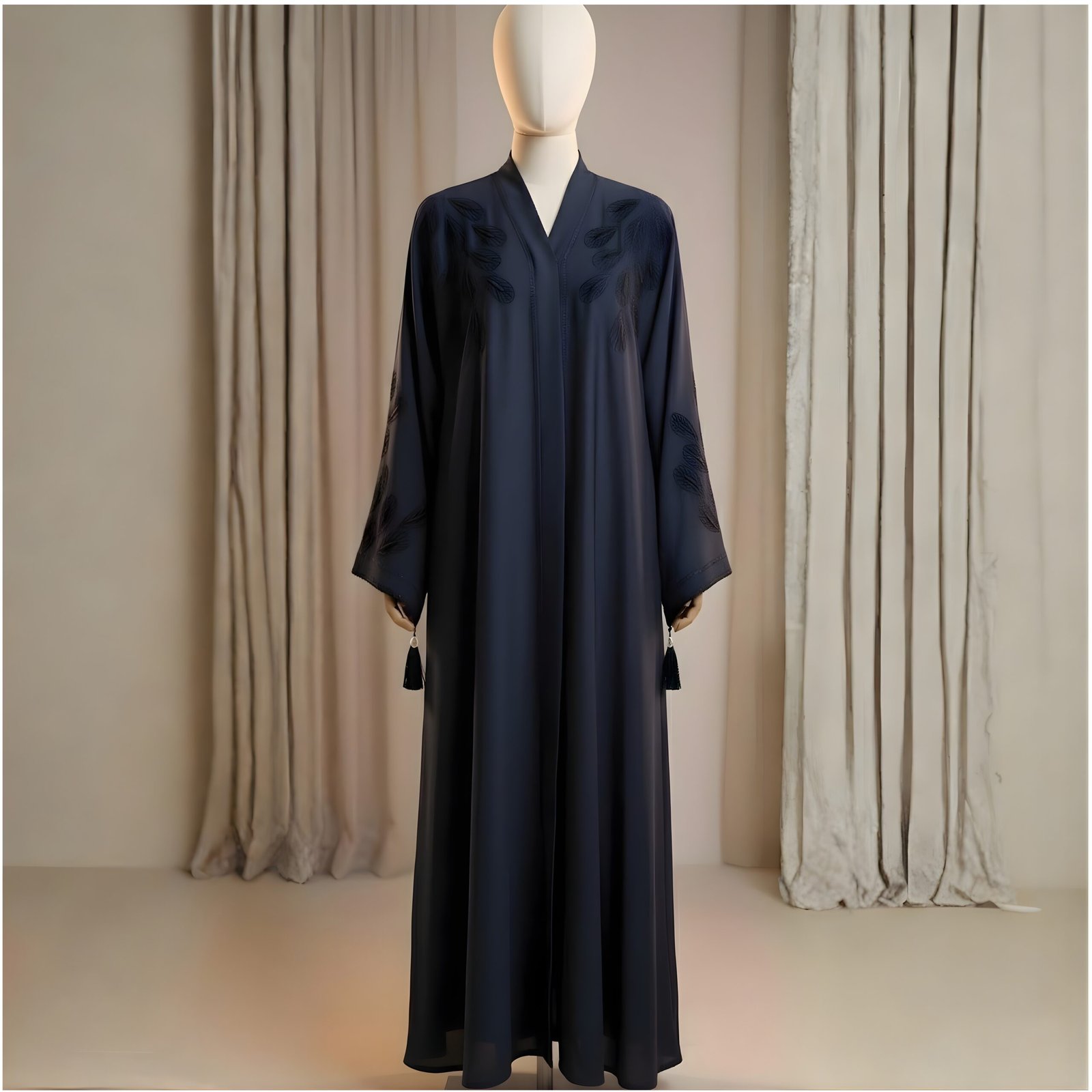 Midnight Azure Leaf-Embroidered Chiffon Abaya