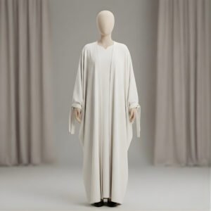 Elegant Minimalist Off White Abaya Set with Tie-Knots | 2-Piece Flowy Modest Gown