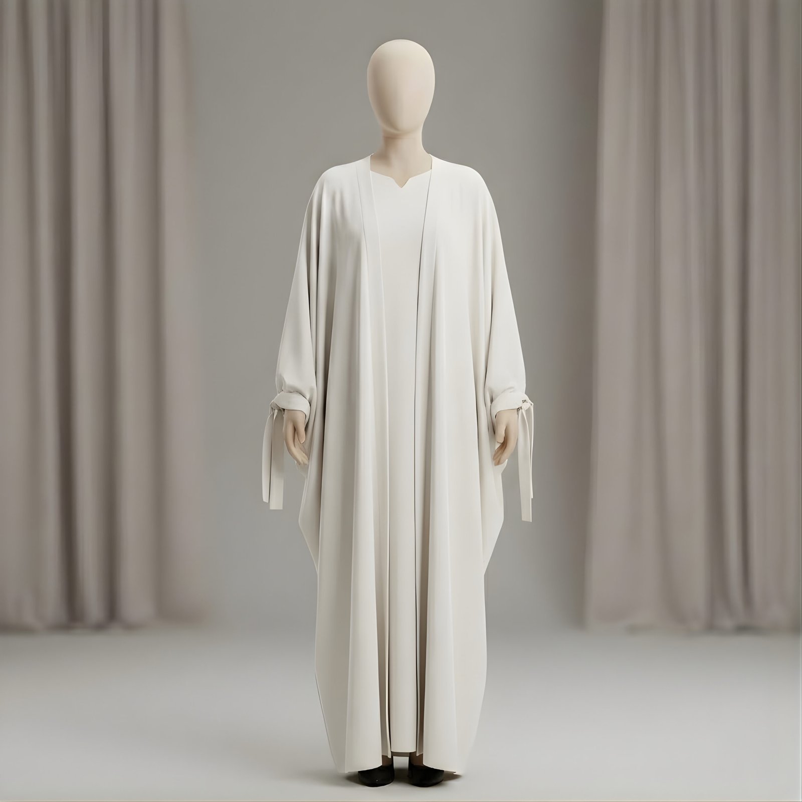 Elegant Minimalist Off White Abaya Set with Tie-Knots | 2-Piece Flowy Modest Gown