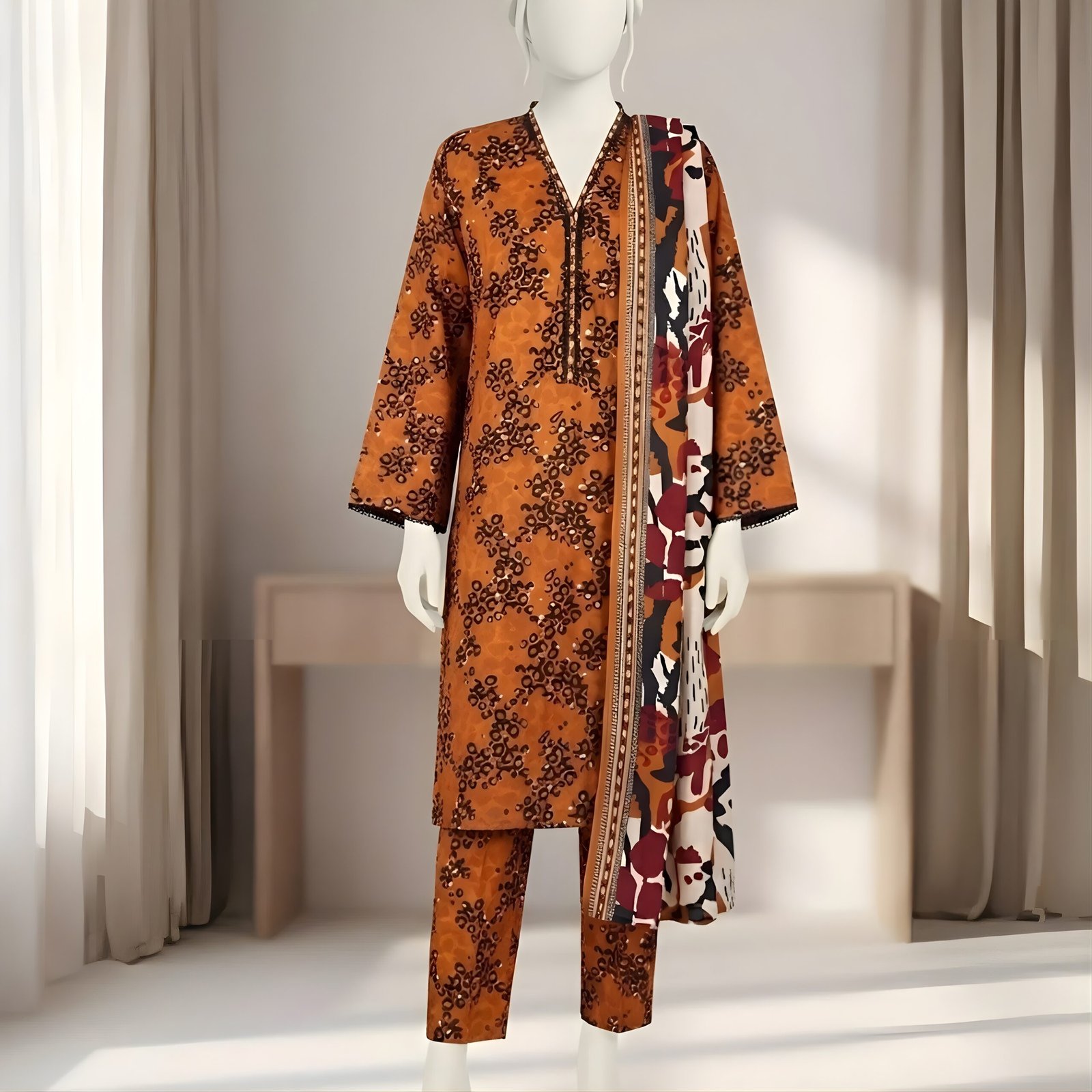 Rust Orange Abstract Animal Print – 3-Piece Stitched Suit