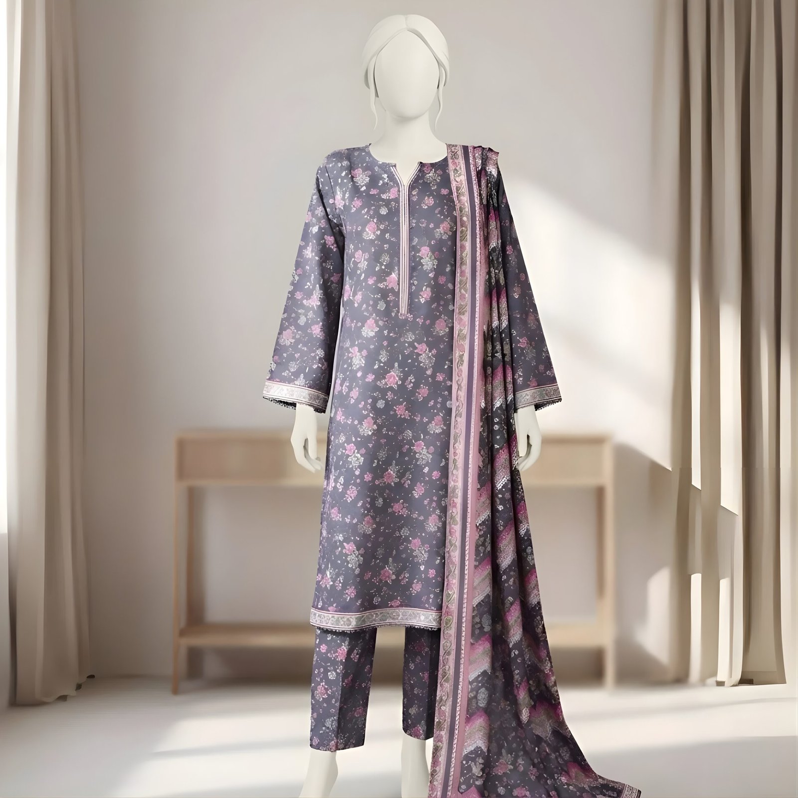 Teal Blue Floral Rose Printed 2-Piece Stitched Kurti with Dupatta – Premium Lawn