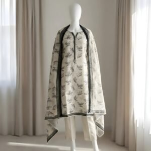 Off-White & Black Leaf Printed 2-Piece Stitched Kurti with Dupatta – Premium Lawn