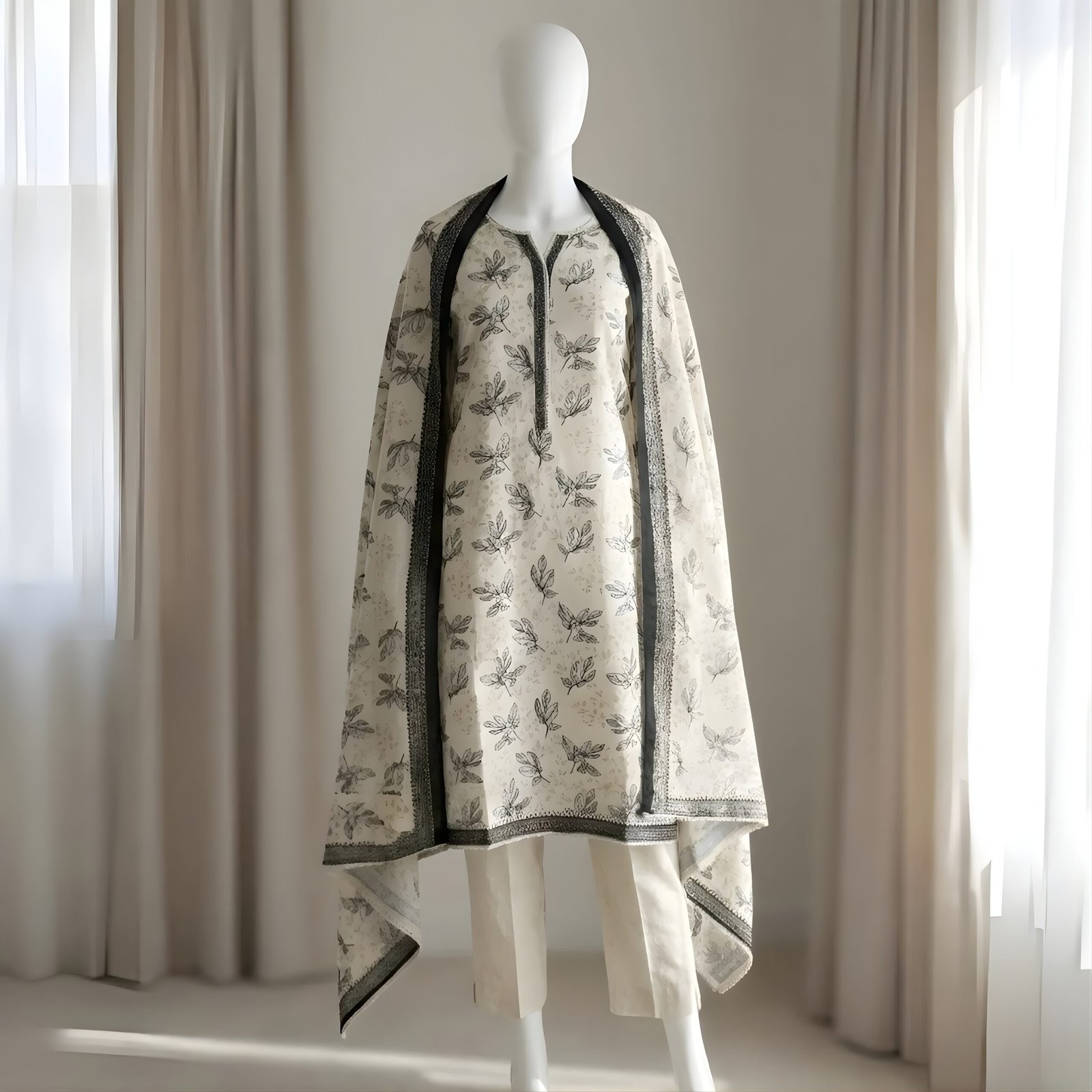 Off-White & Black Leaf Printed 2-Piece Stitched Kurti with Dupatta – Premium Lawn