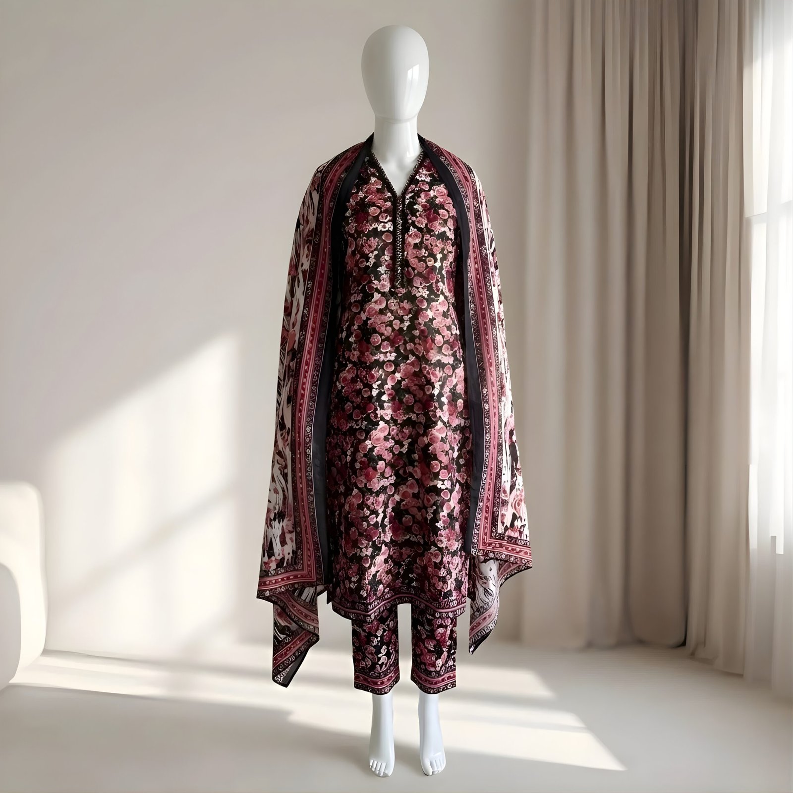 Black & Red Rose Floral Printed 2-Piece Stitched Kurti with Dupatta – Premium Lawn