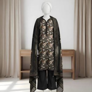 Black Floral Printed 2-Piece Stitched Kurti with Dupatta – Premium Lawn