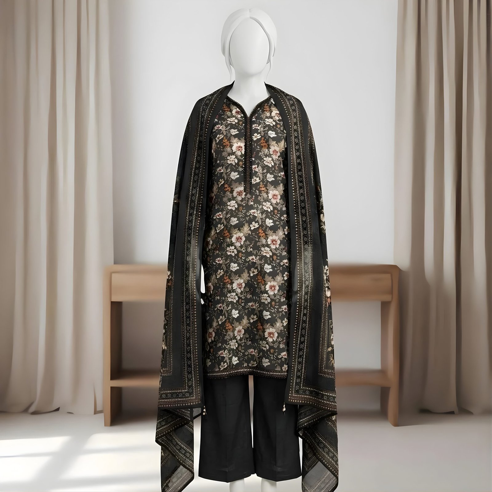 Black Floral Printed 2-Piece Stitched Kurti with Dupatta – Premium Lawn