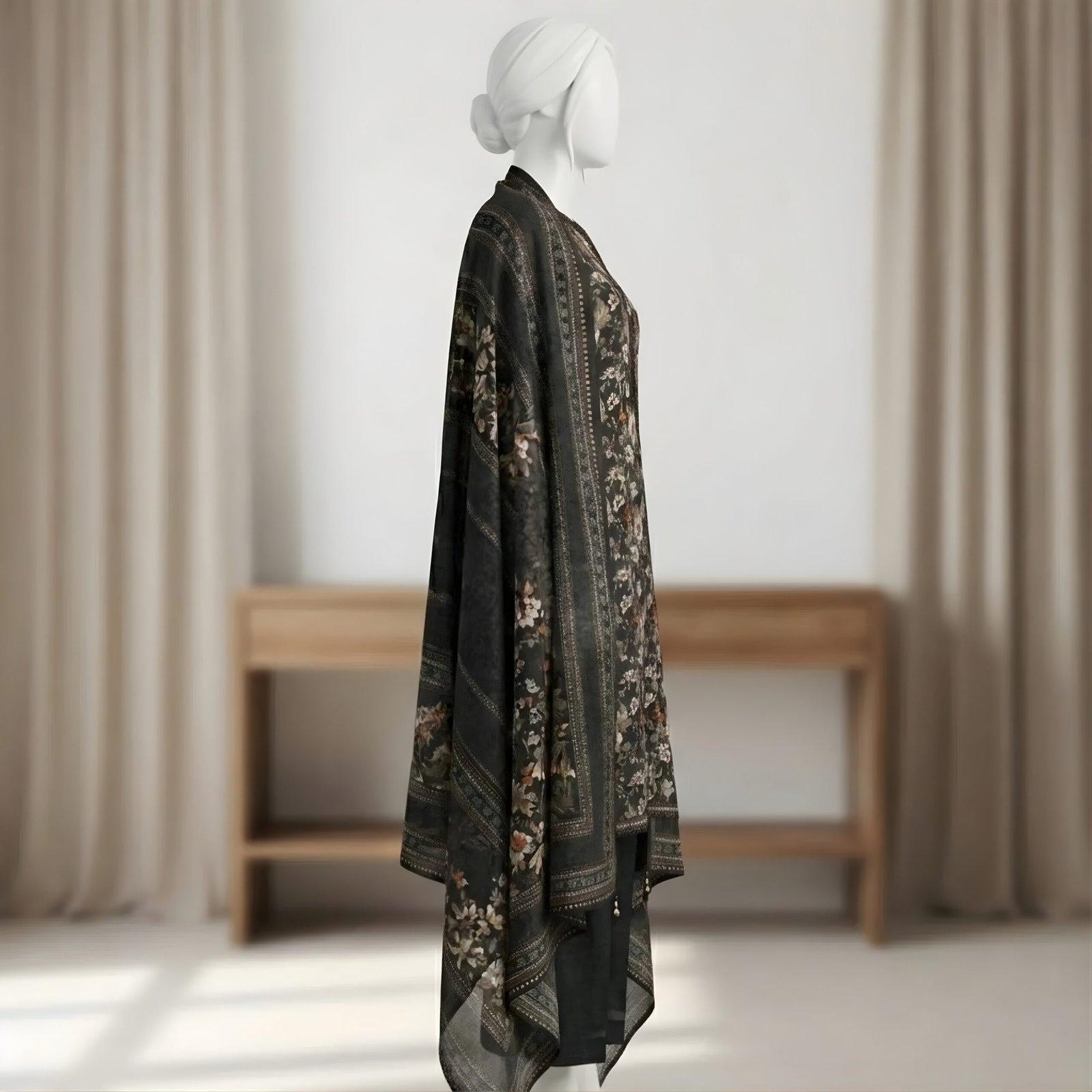 Black Floral Printed 2-Piece Stitched Kurti with Dupatta – Premium Lawn - Image 2