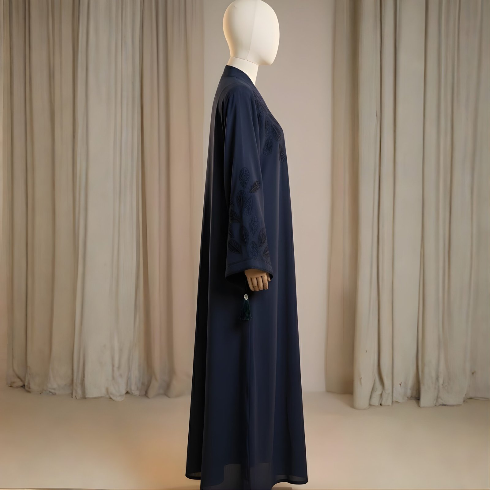 Midnight Azure Leaf-Embroidered Chiffon Abaya - Image 3