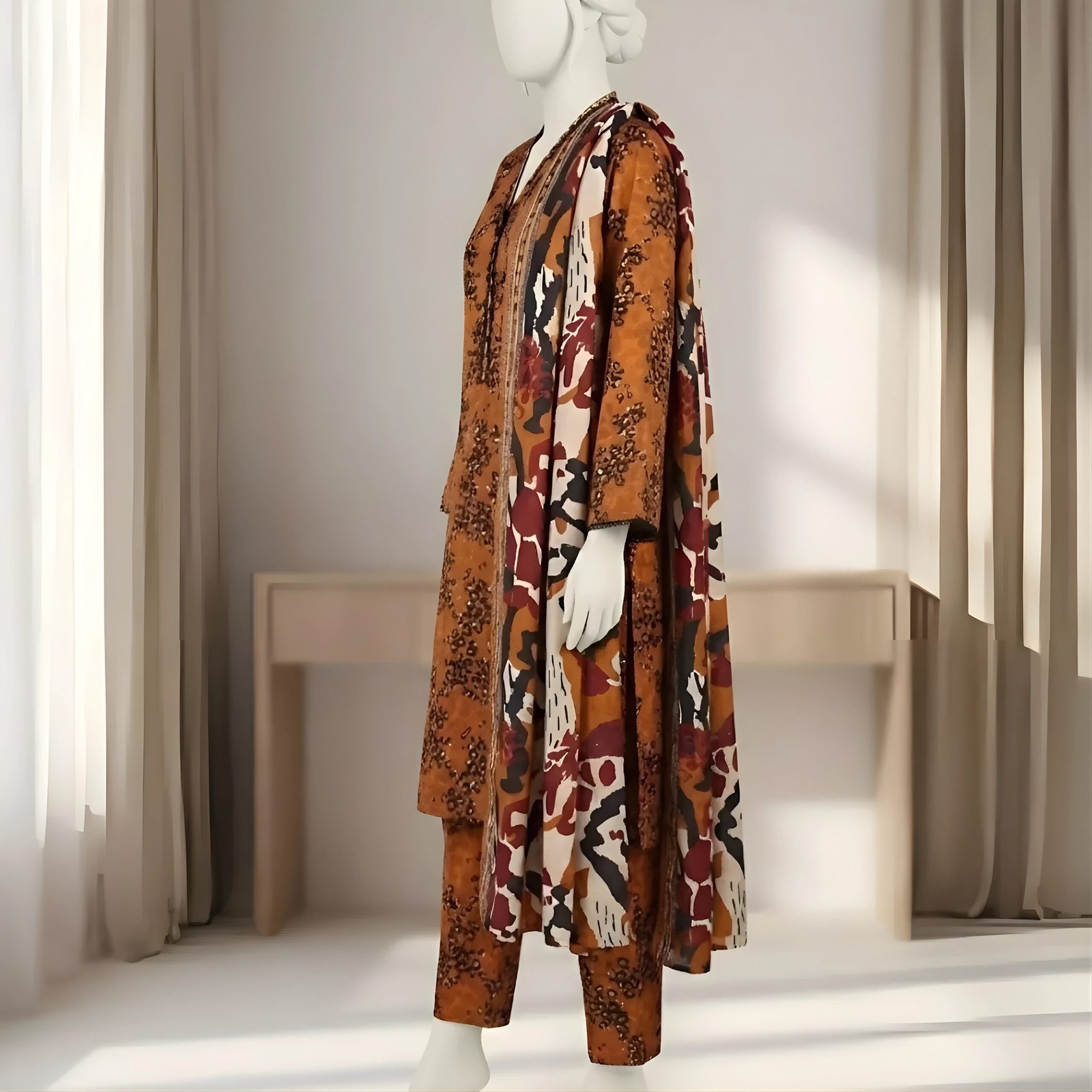 Rust Orange Abstract Animal Print – 3-Piece Stitched Suit - Image 2