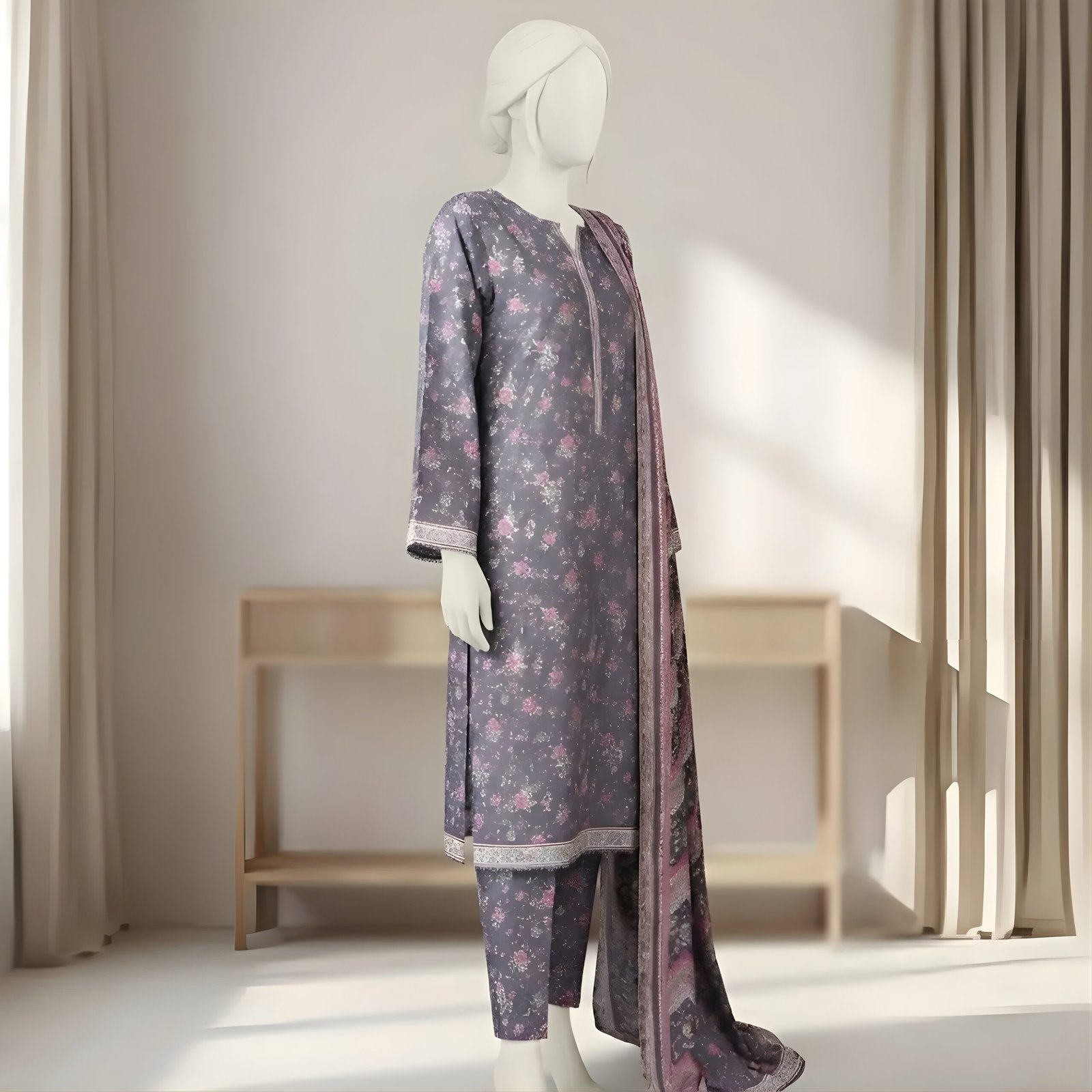 Teal Blue Floral Rose Printed 2-Piece Stitched Kurti with Dupatta – Premium Lawn - Image 2