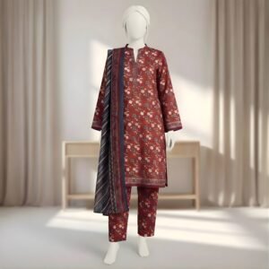 Maroon Floral Printed 2-Piece Stitched Kurti with Dupatta – Premium Lawn