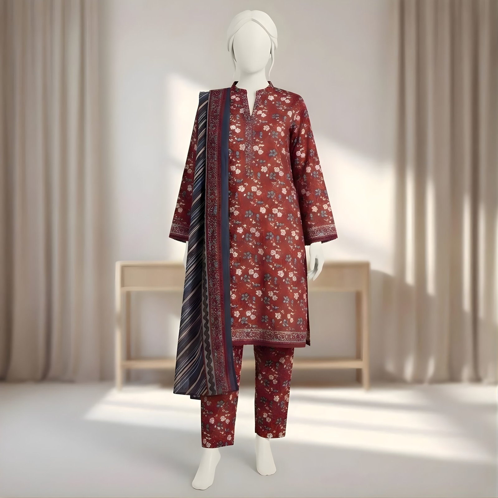Maroon Floral Printed 2-Piece Stitched Kurti with Dupatta – Premium Lawn