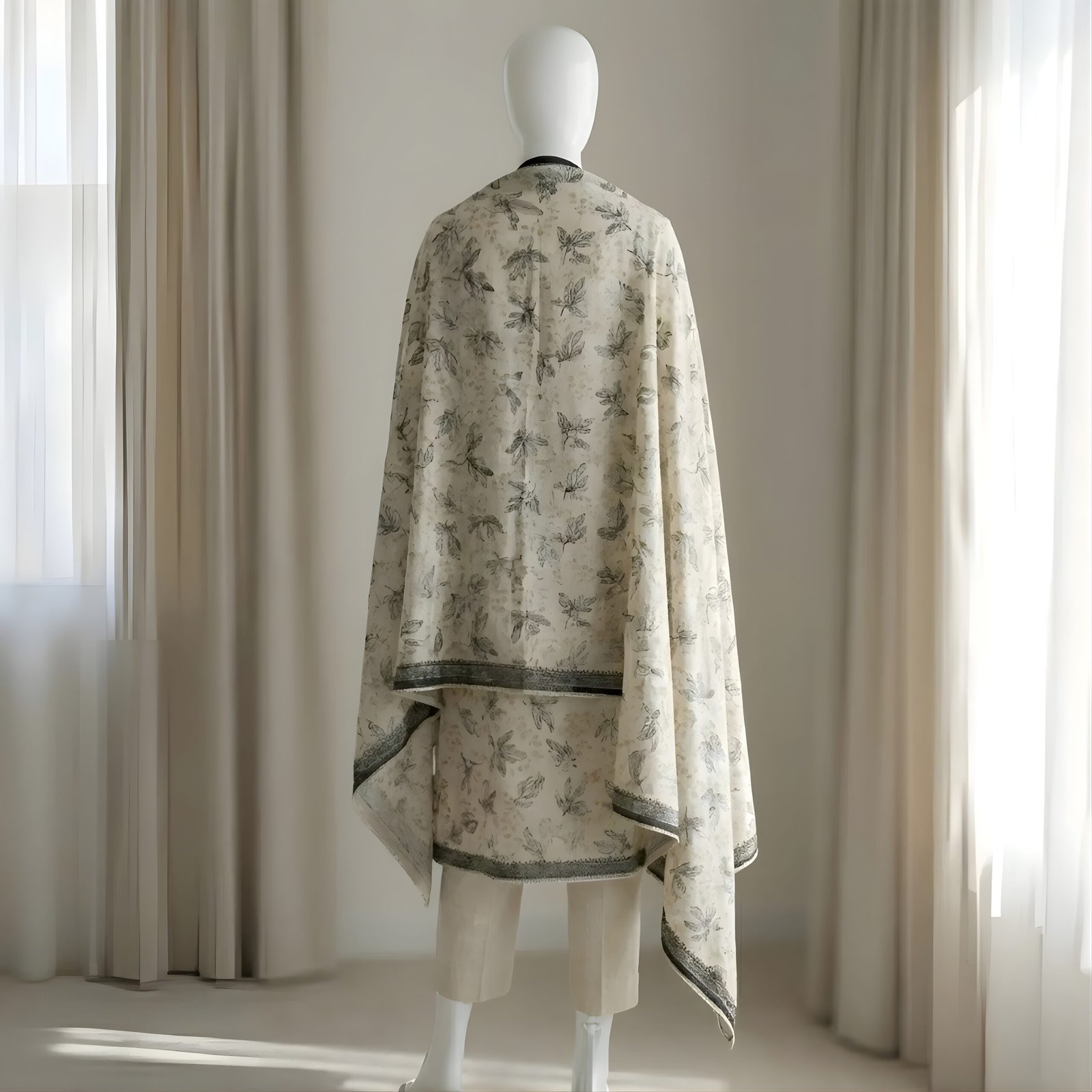 Off-White & Black Leaf Printed 2-Piece Stitched Kurti with Dupatta – Premium Lawn - Image 3