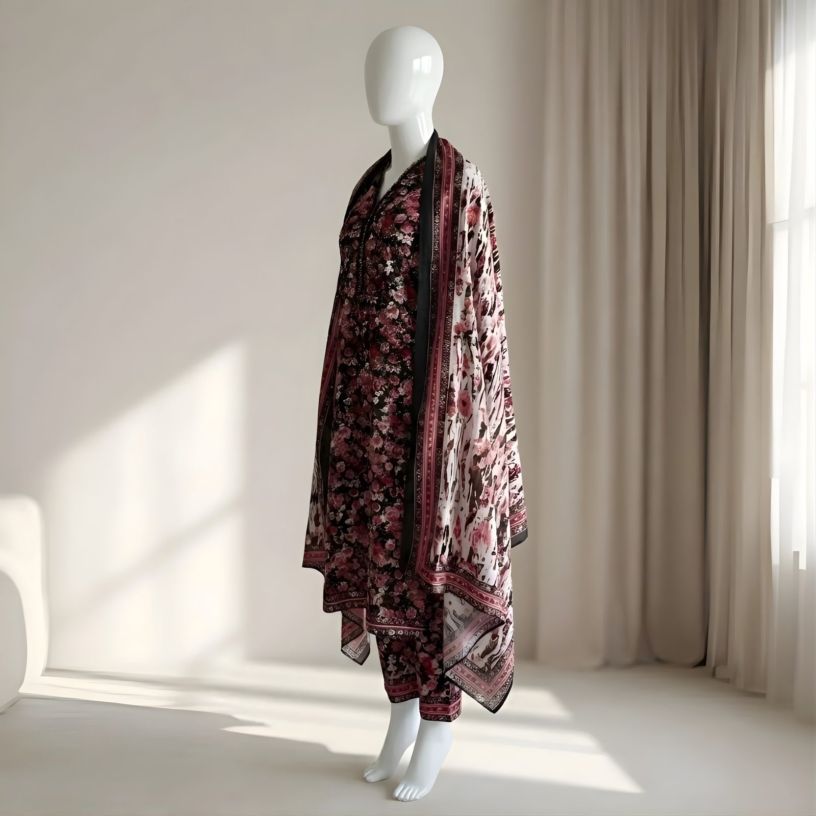 Black & Red Rose Floral Printed 2-Piece Stitched Kurti with Dupatta – Premium Lawn - Image 2