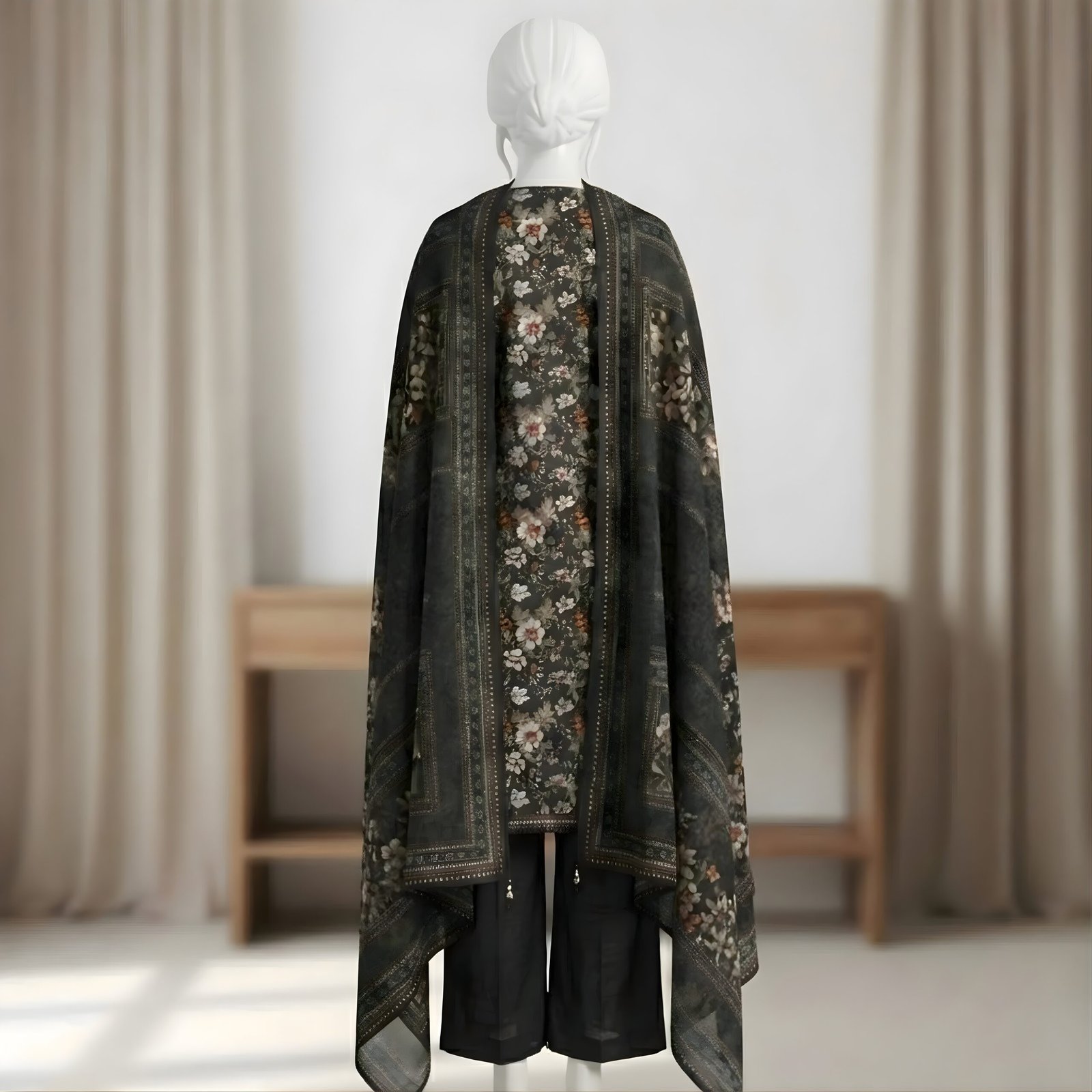 Black Floral Printed 2-Piece Stitched Kurti with Dupatta – Premium Lawn - Image 3