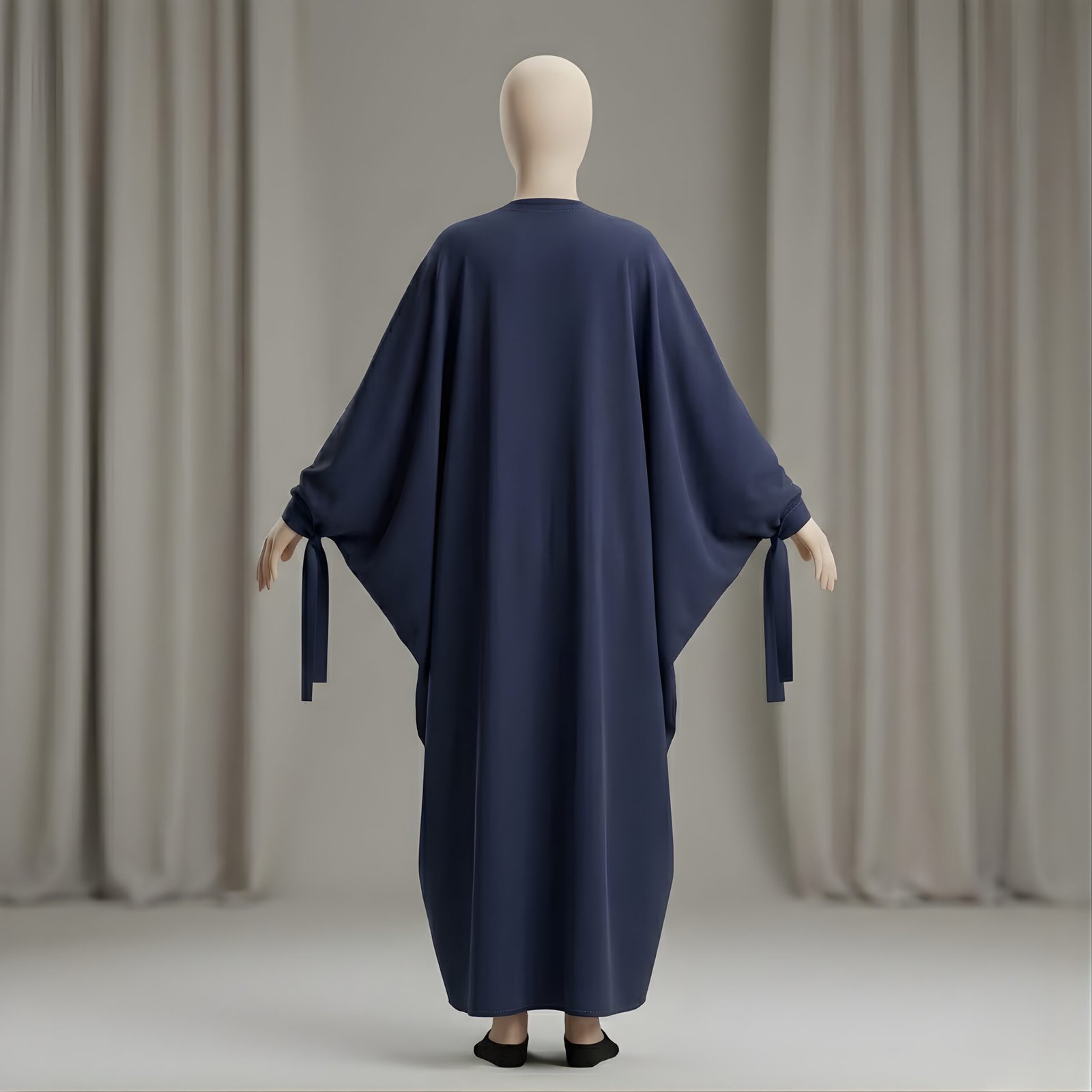 Royal Navy Blue Butterfly Abaya – Elegant Batwing Kaftan with Tie-Cuffs - Image 3