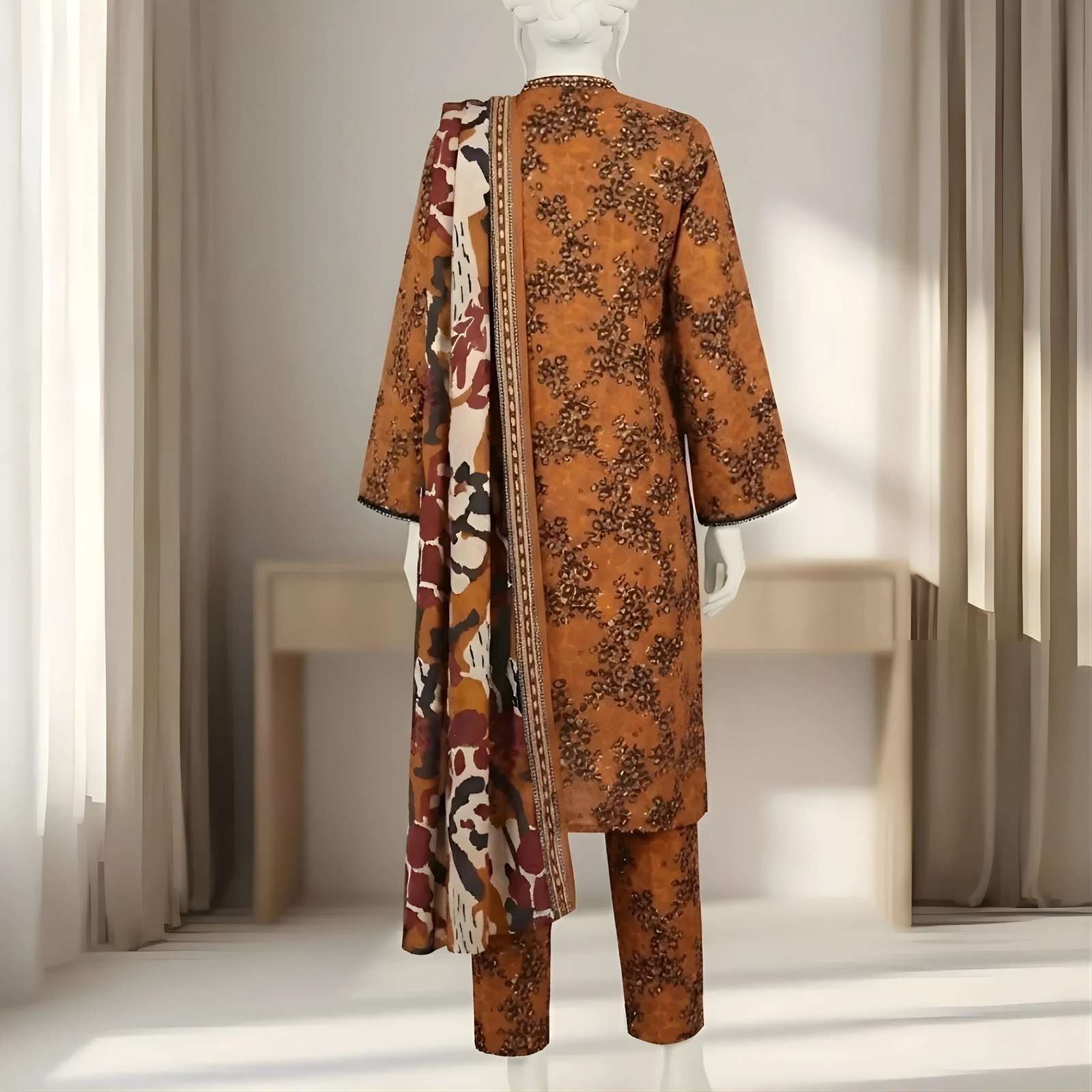 Rust Orange Abstract Animal Print – 3-Piece Stitched Suit - Image 3
