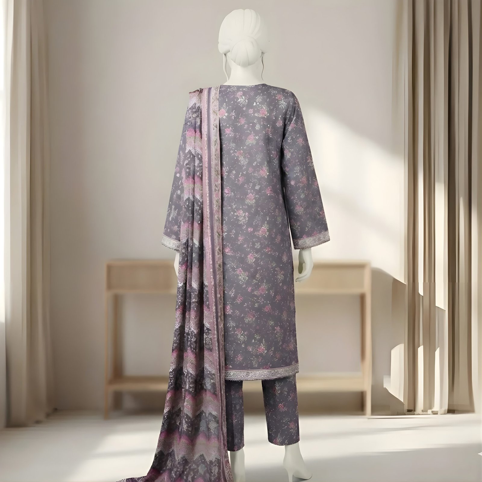 Teal Blue Floral Rose Printed 2-Piece Stitched Kurti with Dupatta – Premium Lawn - Image 3