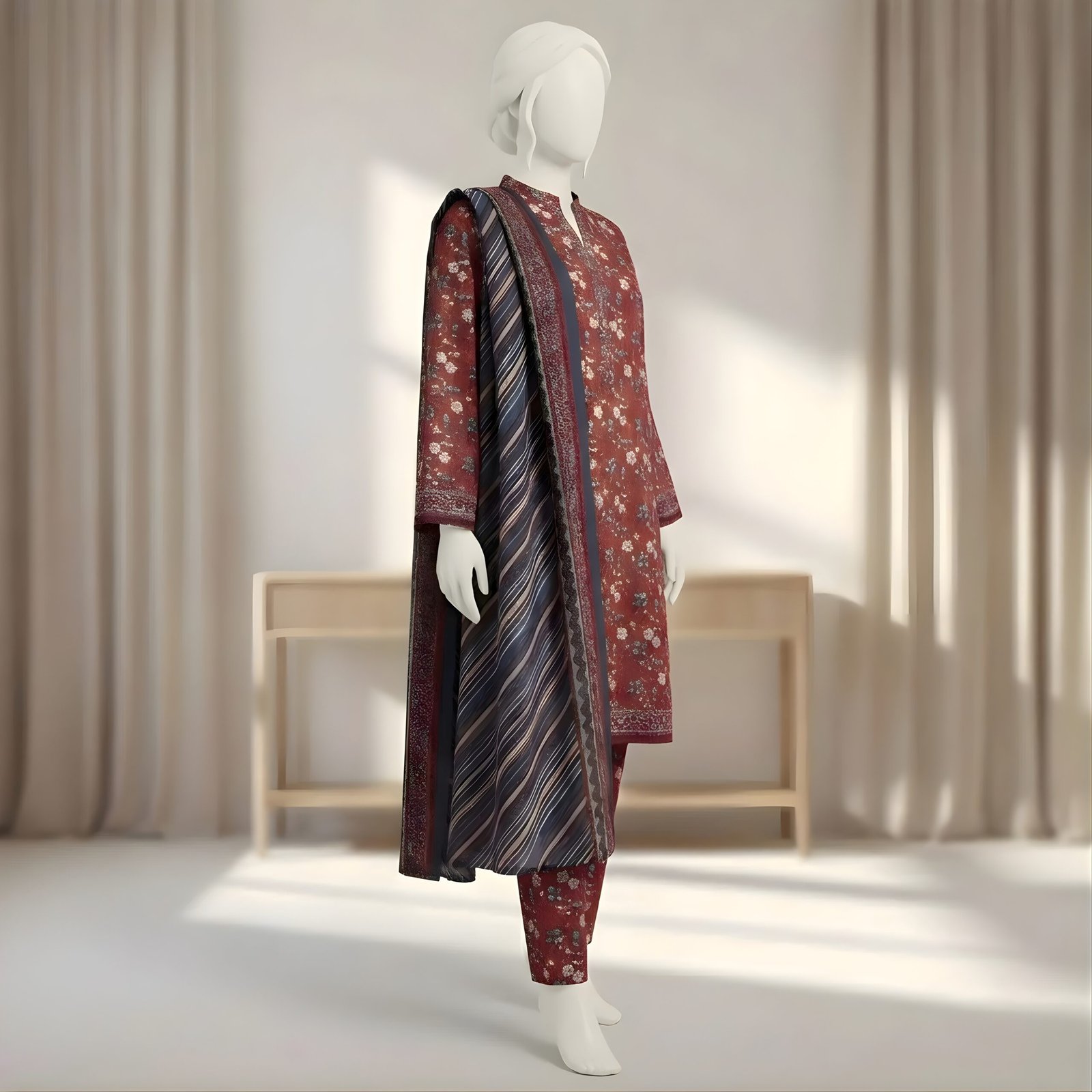 Maroon Floral Printed 2-Piece Stitched Kurti with Dupatta – Premium Lawn - Image 2