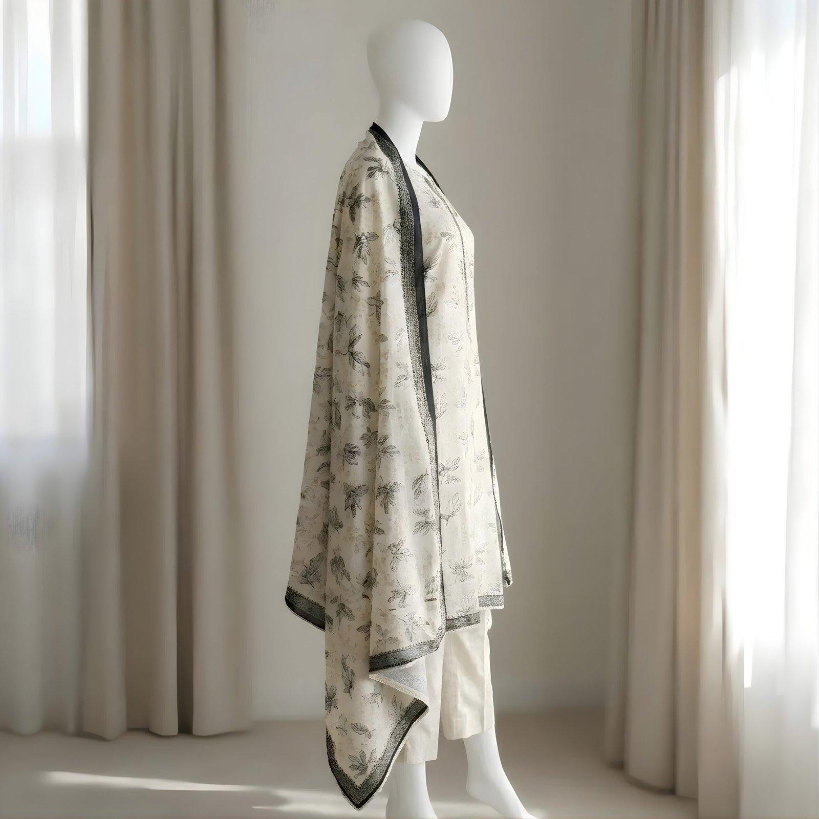 Off-White & Black Leaf Printed 2-Piece Stitched Kurti with Dupatta – Premium Lawn - Image 2