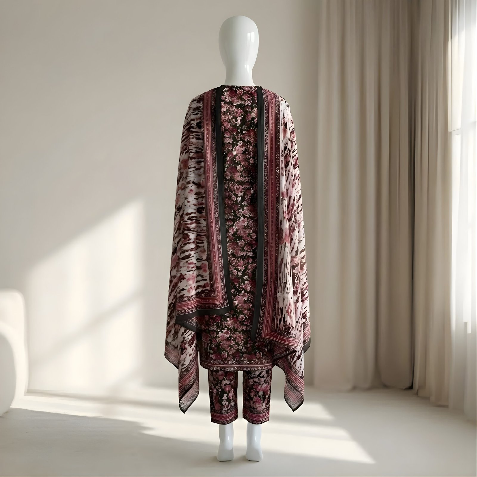 Black & Red Rose Floral Printed 2-Piece Stitched Kurti with Dupatta – Premium Lawn - Image 3