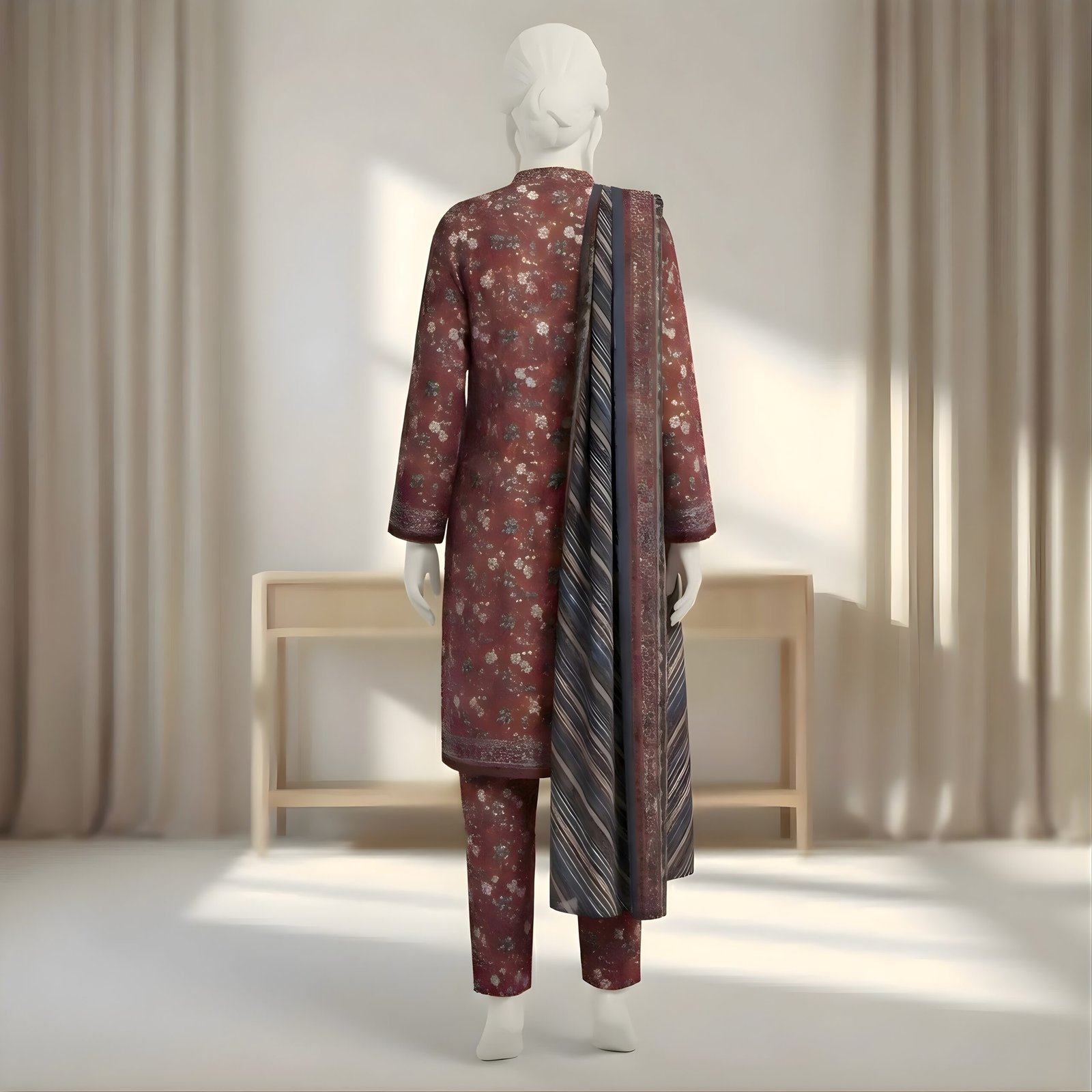 Maroon Floral Printed 2-Piece Stitched Kurti with Dupatta – Premium Lawn - Image 3