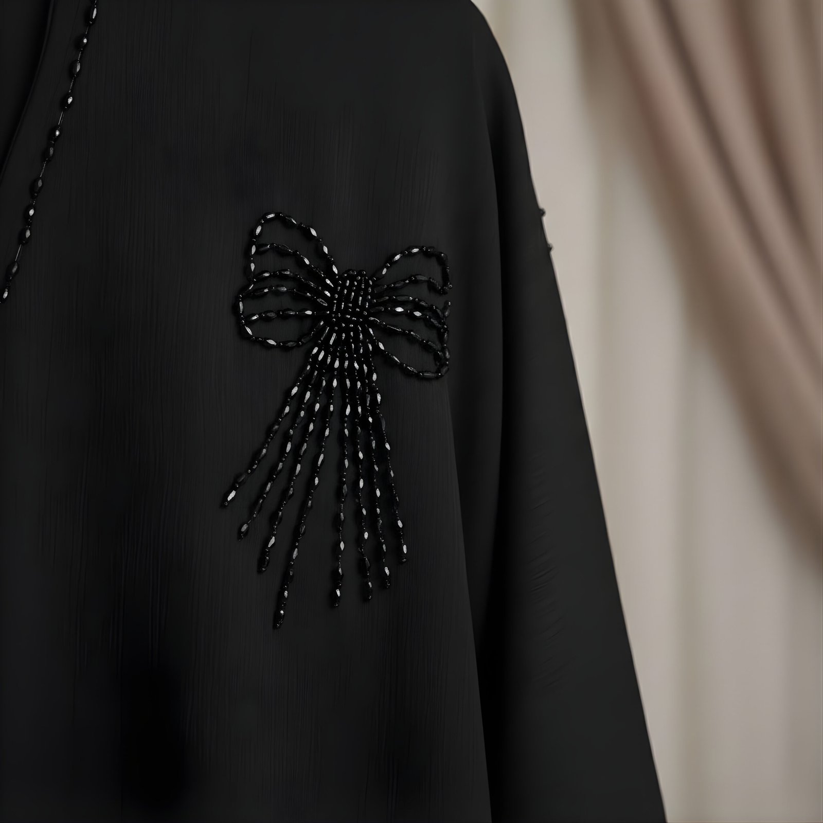 Premium Midnight Black Embroidered Abaya – Hand-Beaded Bow Motif Edition - Image 4