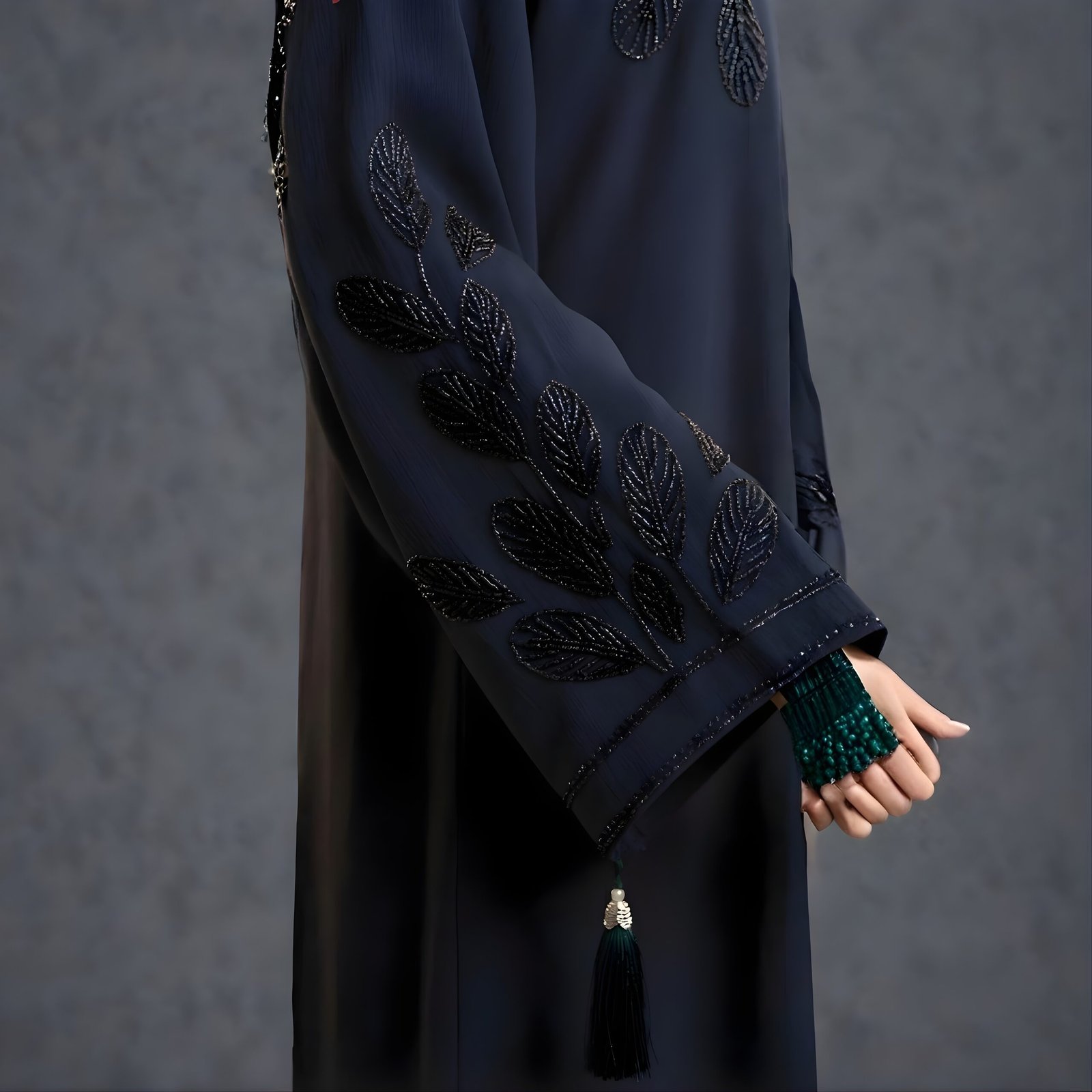 Midnight Azure Leaf-Embroidered Chiffon Abaya - Image 5