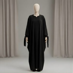 Premium Black Butterfly Abaya with Ribbon Cuff Detailing – Elegant Batwing Kaftan