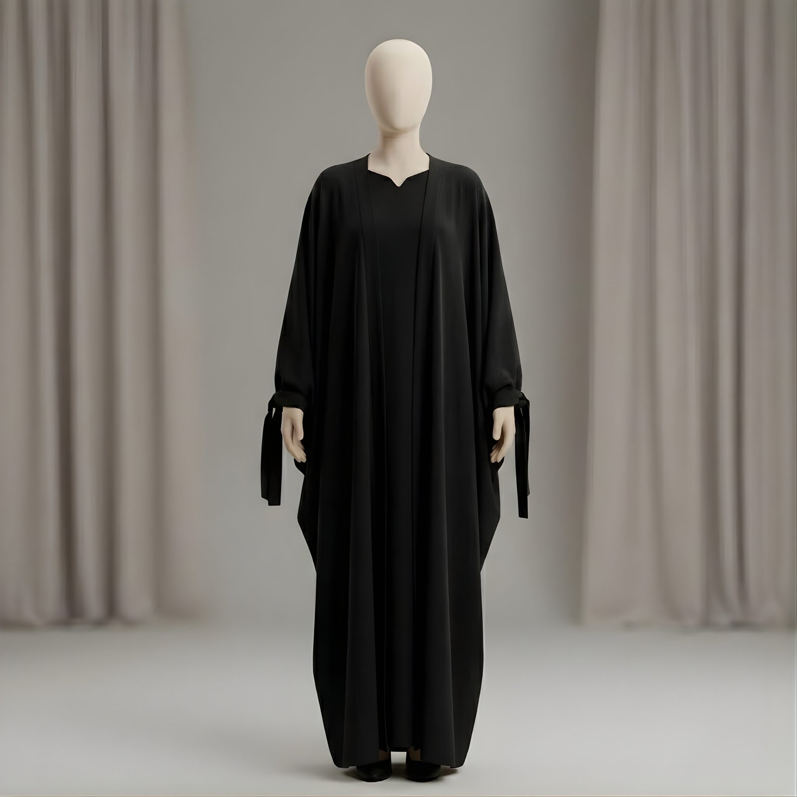 Premium Black Butterfly Abaya with Ribbon Cuff Detailing – Elegant Batwing Kaftan