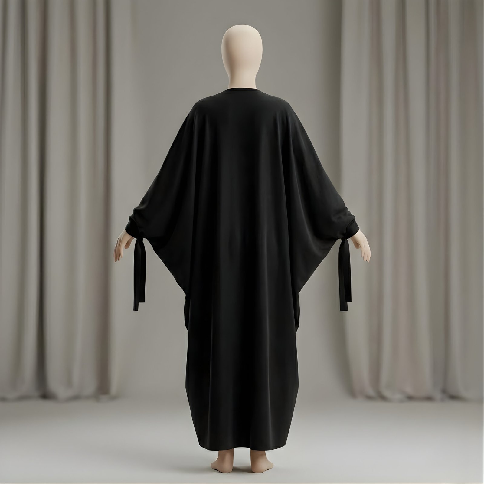 Premium Black Butterfly Abaya with Ribbon Cuff Detailing – Elegant Batwing Kaftan - Image 3